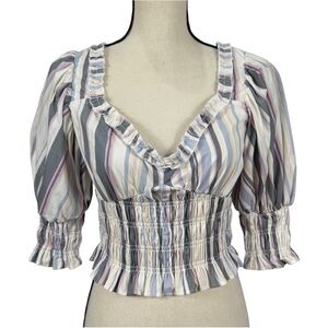 Forever 21 Multicolor Striped Smocked Puff-Sleeve Size Large